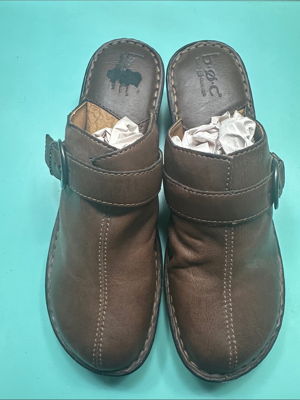 b.o.c. Brown Leather Slip-On Clogs with Side Buckle